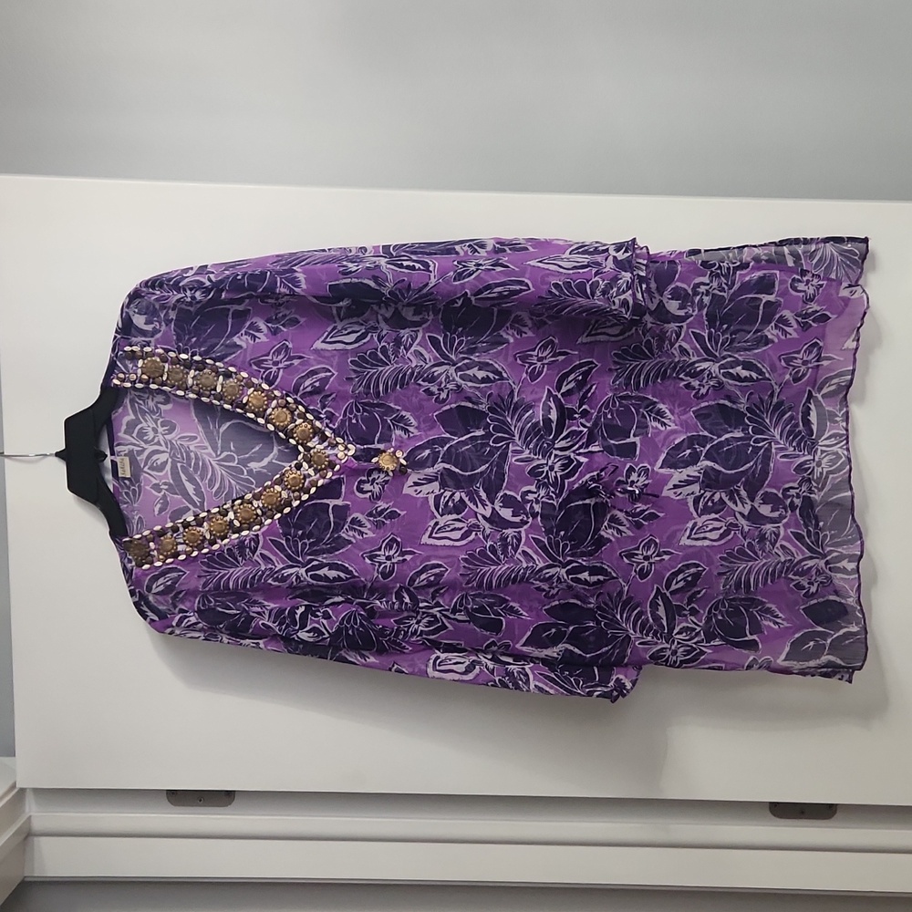Sahiba Purple Floral V-Neck Women’s Swim Coverup with Beaded Trim